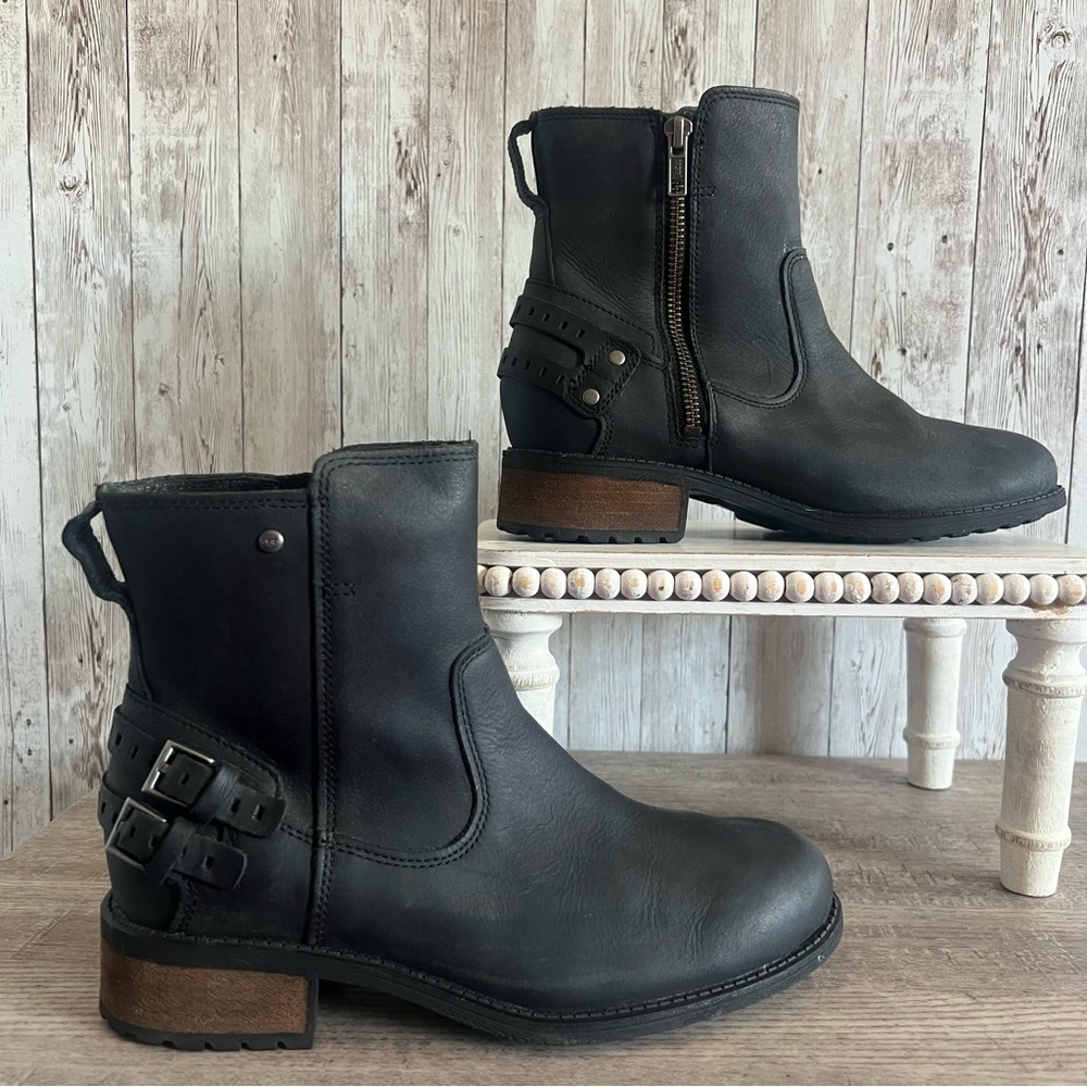 UGG Orion Black Leather Moto Biker Ankle Boots Womens 7
